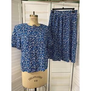 Vintage 80s Panther Ladies’ 2 Piece Blouse & Skirt Set Floral Dress Sz 16